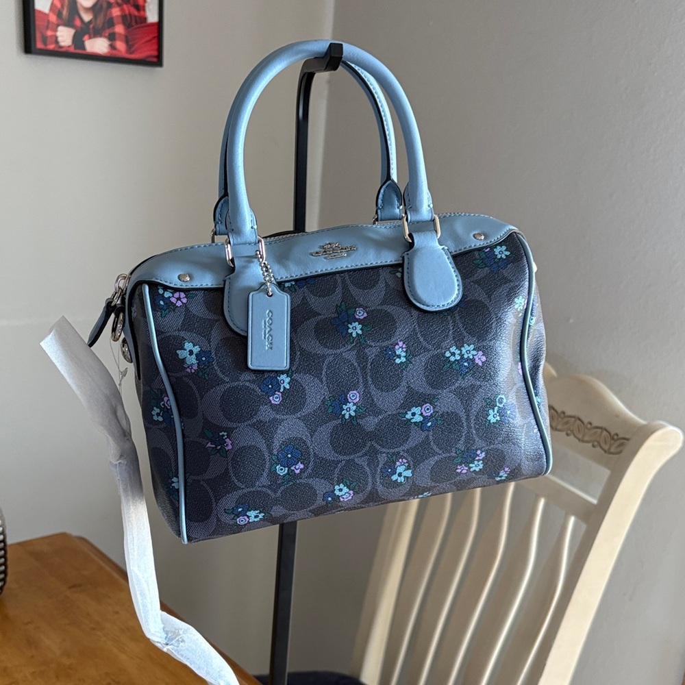 NWT Coach Navy Signature Floral Mini Bennett with Light Blue Trim